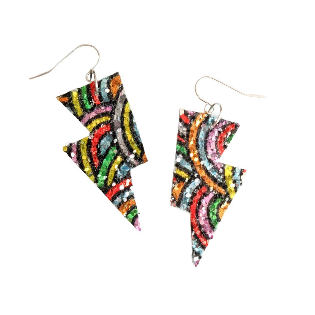 Rainbow Pattern Glitter - Mini Disco Bolt Lightning Bolt Earrings