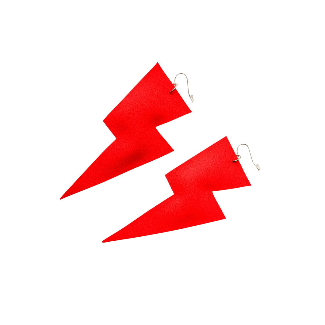 Smooth Red Leatherette - Super Disco Bolt Lightning Bolt Earrings