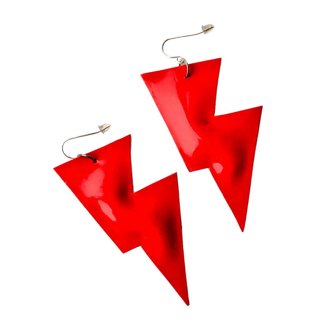 Red Patent Leatherette - Disco Bolt Lightning Bolt Earrings