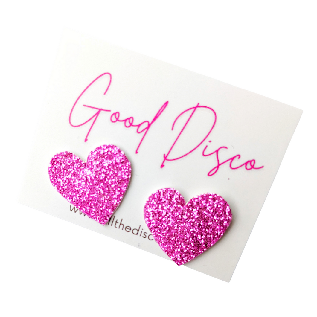 Good Disco Collection - Heart Stud Earrings - Pink Glitter