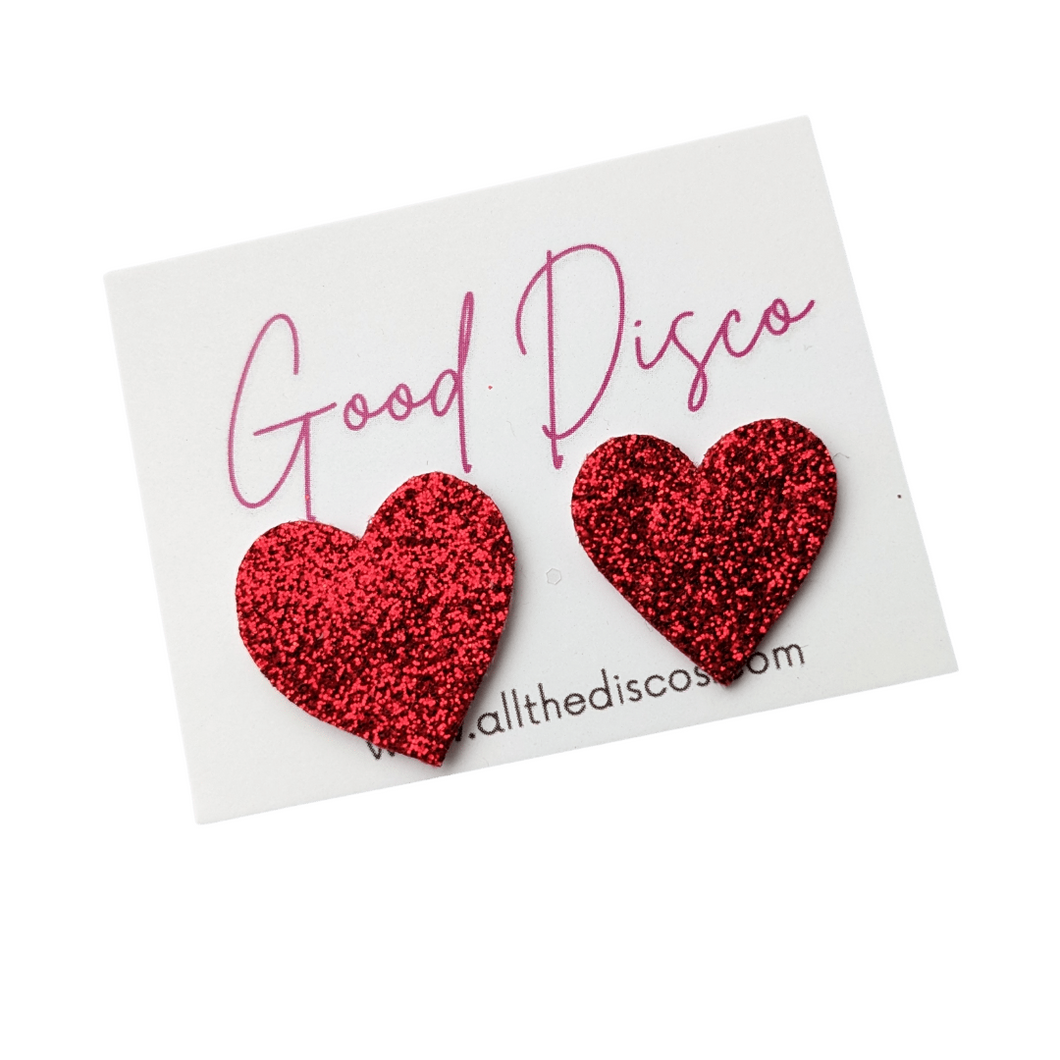 Good Disco Collection - Heart Stud Earrings - Red Fine Glitter