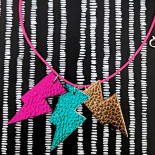 Load image into Gallery viewer, Disco Bolt Triple Bolt Pendant Necklace - Metallic Pink, Gold and Teal
