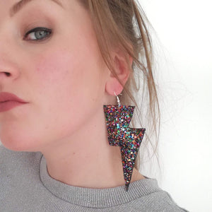 Deep Purple Glitter - Super Disco Bolt Oversized Lightning Bolt Earrings