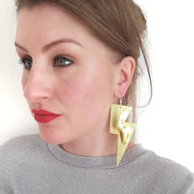 Load image into Gallery viewer, Gold Metallic Leatherette - Super Disco Bolt Oversized Lightning Bolt Earrings
