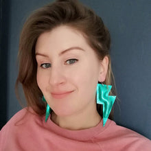 Load image into Gallery viewer, Teal Metallic Leatherette - Super Disco Bolt Oversized Lightning Bolt Earrings
