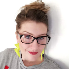 Load image into Gallery viewer, Neon Yellow Patent Leatherette - Super Disco Bolt Oversized Lightning Bolt Earrings
