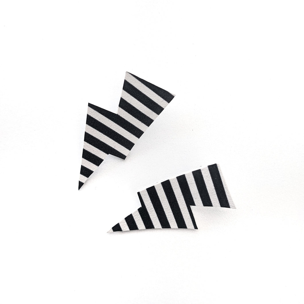 Monochrome Stripe Matte Leatherette - Mini Disco Bolt Stud Lightning Bolt Earrings