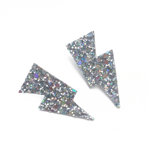 Hologram Silver Glitter - Mini Disco Bolt Stud Lightning Bolt Earrings