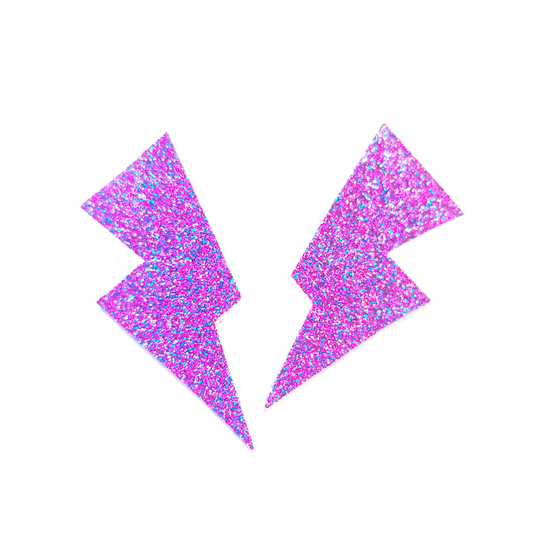 Fine Purple Glitter - Mini Disco Bolt Stud Lightning Bolt Earrings