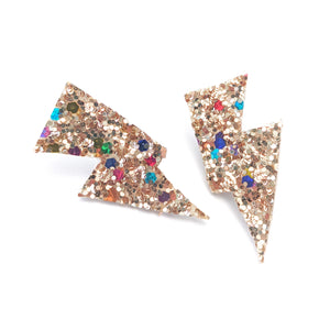 Confetti Gold Glitter - Mini Disco Bolt Stud Lightning Bolt Earrings