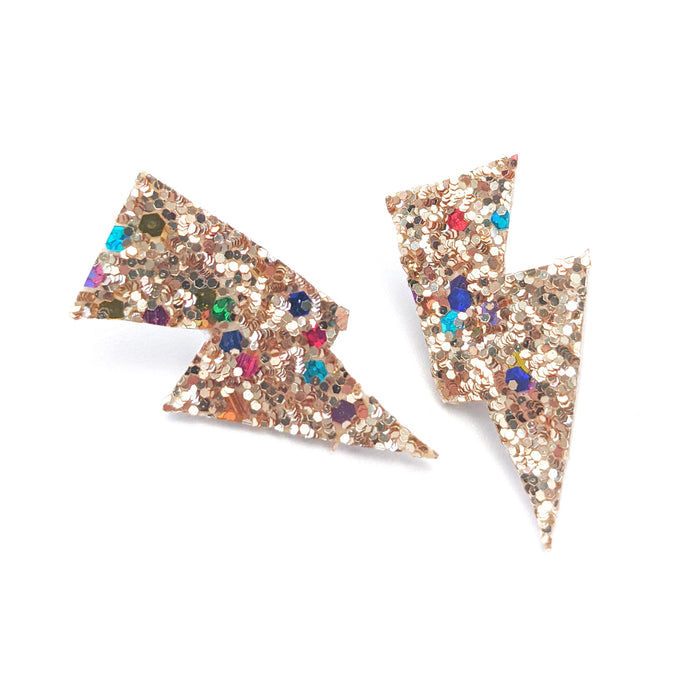 Confetti Gold Glitter - Mini Disco Bolt Stud Lightning Bolt Earrings