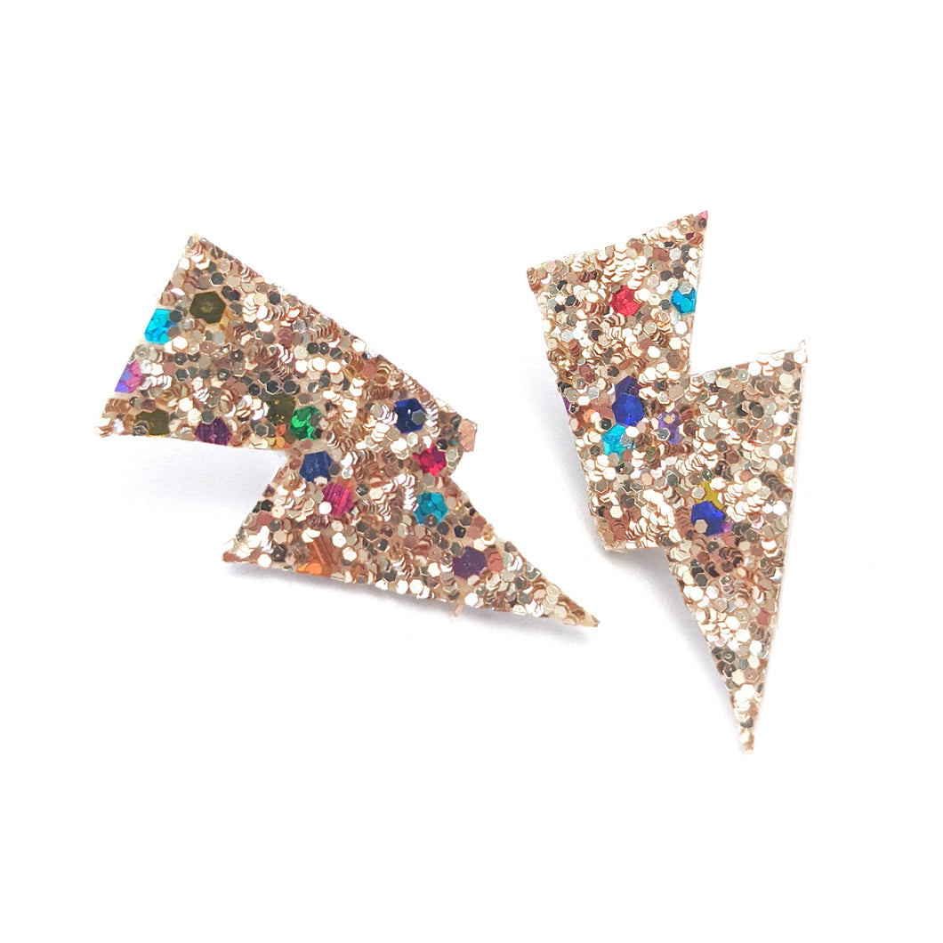Confetti Gold Glitter - Mini Disco Bolt Stud Lightning Bolt Earrings