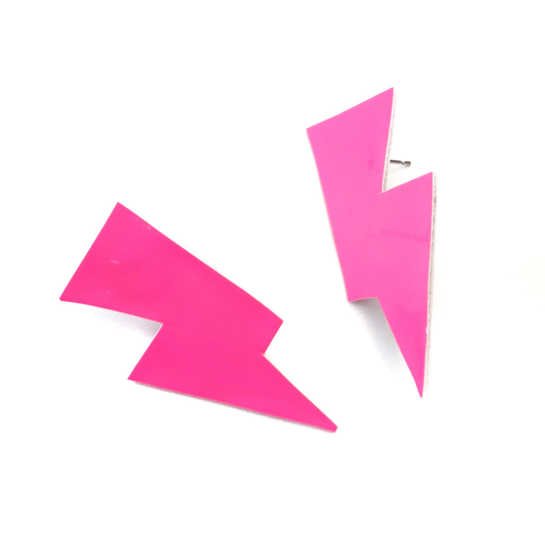 Neon Pink Patent Leatherette - Mini Disco Bolt Stud Lightning Bolt Earrings