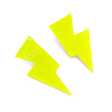 Load image into Gallery viewer, Neon Yellow Patent Leatherette - Mini Disco Bolt Stud Lightning Bolt Earrings
