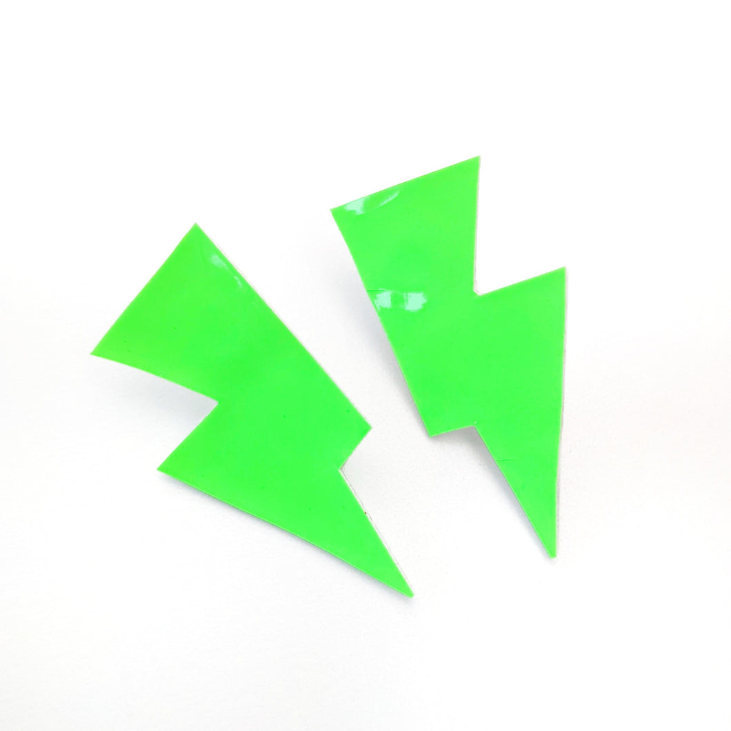 Neon Green Patent Leatherette - Mini Disco Bolt Stud Lightning Bolt Earrings