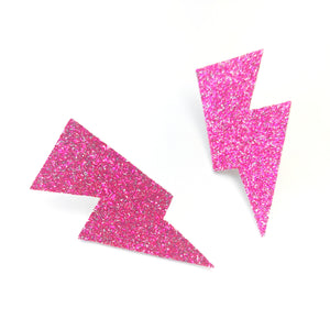 Fine Pink Glitter - Mini Disco Bolt Stud Lightning Bolt Earrings