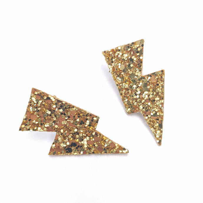 Party Gold Glitter - Mini Disco Bolt Stud Lightning Bolt Earrings