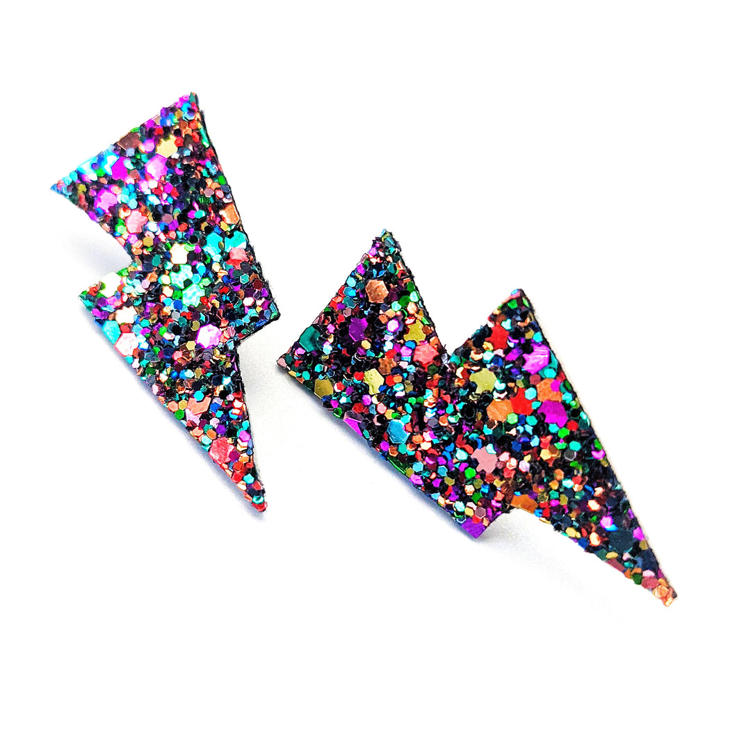 Deep Purple Glitter - Mini Disco Bolt Stud Lightning Bolt Earrings