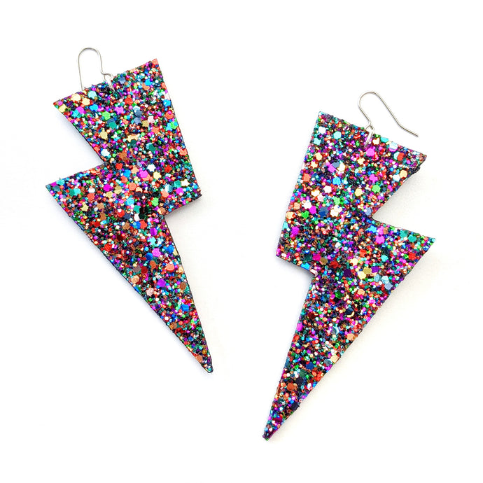 Deep Purple Glitter - Super Disco Bolt Oversized Lightning Bolt Earrings