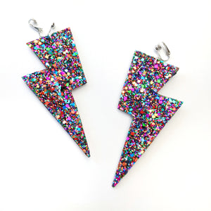 Deep Purple Glitter - Super Disco Bolt Oversized Lightning Bolt Earrings