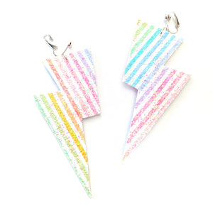 Chunky Rainbow Stripe Glitter - Super Disco Bolt Oversized Lightning Bolt Earrings