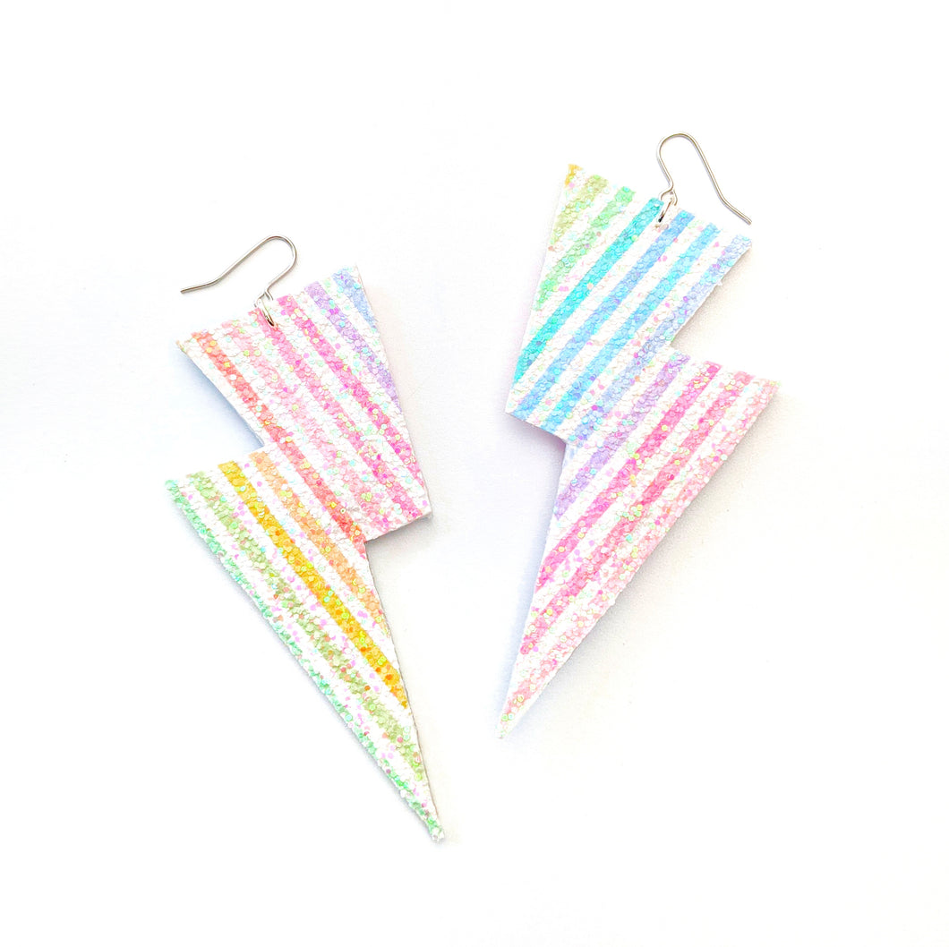 Chunky Rainbow Stripe Glitter - Super Disco Bolt Oversized Lightning Bolt Earrings