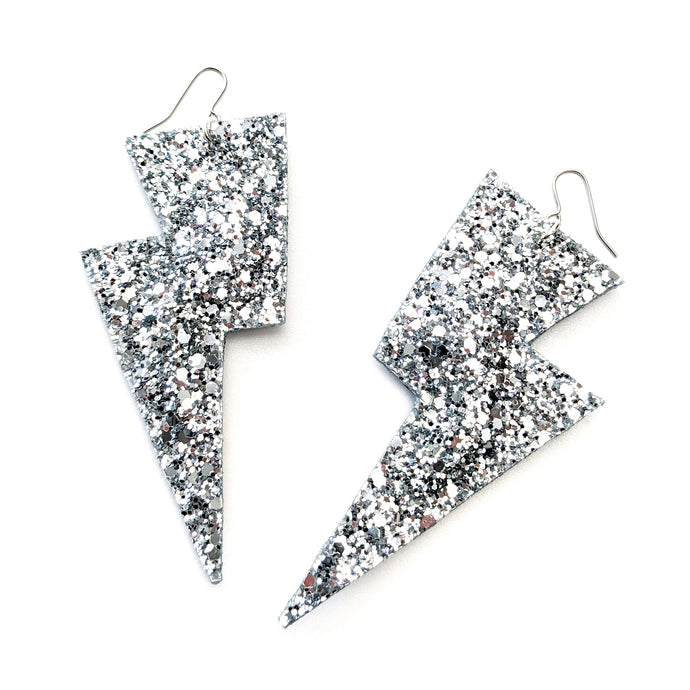 Disco Ball Silver - Super Disco Bolt Lightning Bolt Earrings