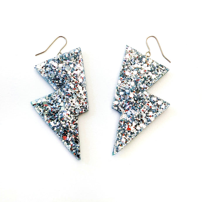 Disco Ball Silver Glitter - Disco Bolt Lightning Bolt Earrings