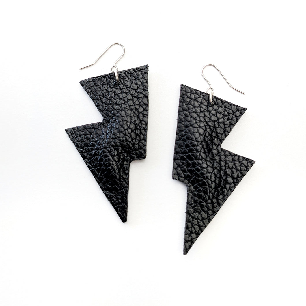 Black Matte Leatherette - Disco Bolt Lightning Bolt Earrings