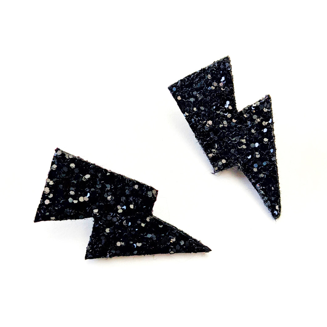 Jet Black Glitter - Mini Disco Bolt Stud Lightning Bolt Earrings