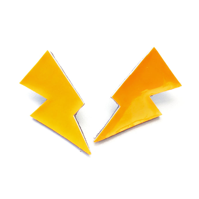 Neon Orange Patent Leatherette - Mini Disco Bolt Stud Lightning Bolt Earrings