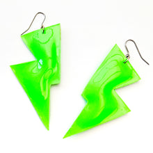 Load image into Gallery viewer, Neon Green Patent Leatherette - Disco Bolt Lightning Bolt Earrings
