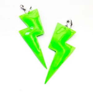 Neon Green Patent Leatherette - Super Disco Bolt Oversized Lightning Bolt Earrings