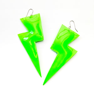 Neon Green Patent Leatherette - Super Disco Bolt Oversized Lightning Bolt Earrings