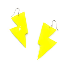 Load image into Gallery viewer, Neon Yellow Patent Leatherette - Disco Bolt Lightning Bolt Earrings
