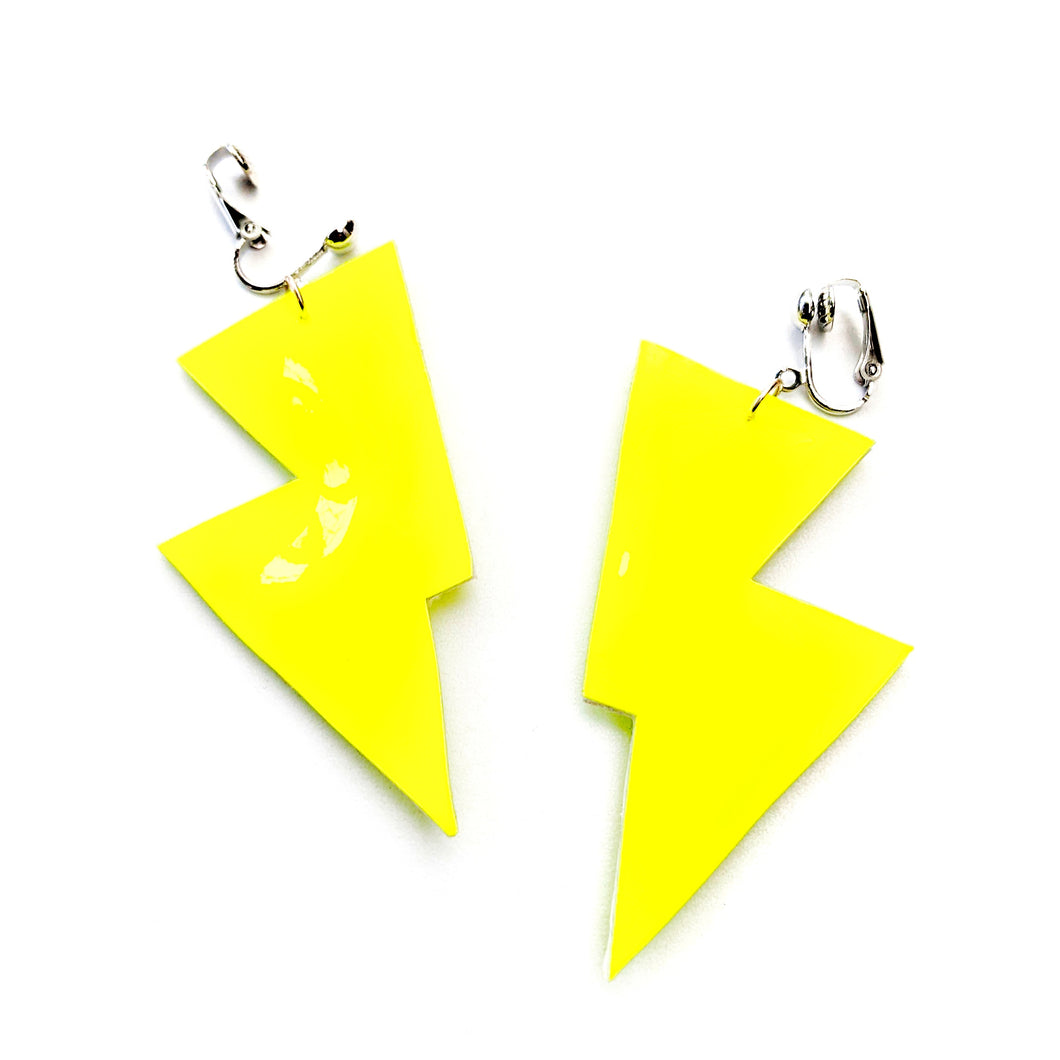 Neon Yellow Patent Leatherette - Disco Bolt Lightning Bolt Earrings
