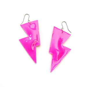 Neon Pink Patent Leatherette - Disco Bolt Lightning Bolt Earrings