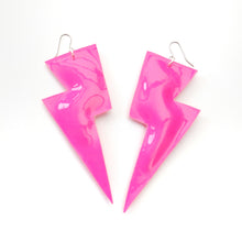 Load image into Gallery viewer, Neon Pink Patent Leatherette - Super Disco Bolt Oversized Lightning Bolt Earrings
