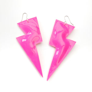 Neon Pink Patent Leatherette - Super Disco Bolt Oversized Lightning Bolt Earrings