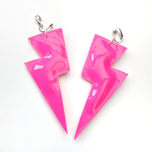 Neon Pink Patent Leatherette - Super Disco Bolt Oversized Lightning Bolt Earrings