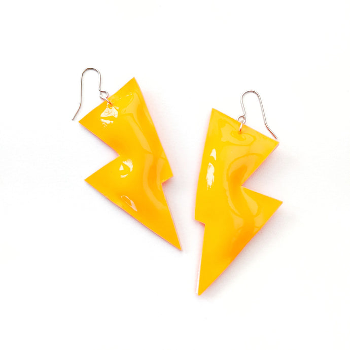 Neon Orange Patent Leatherette - Disco Bolt Lightning Bolt Earrings