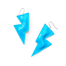 Load image into Gallery viewer, Neon Blue Patent Leatherette - Disco Bolt Lightning Bolt Earrings
