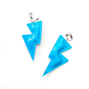 Neon Blue Patent Leatherette - Disco Bolt Lightning Bolt Earrings