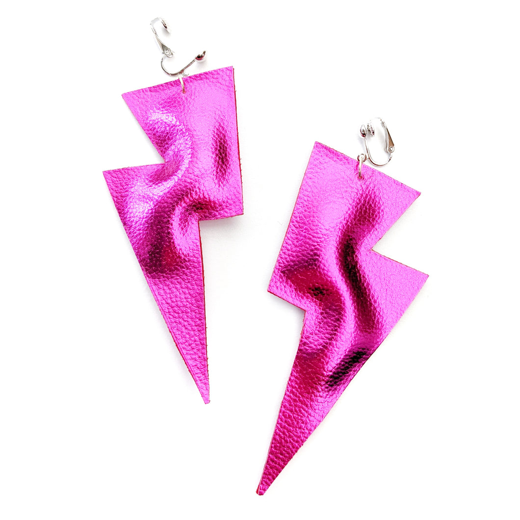 Pink Metallic Leatherette - Super Disco Bolt Oversized Lightning Bolt Earrings