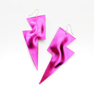 Pink Metallic Leatherette - Super Disco Bolt Oversized Lightning Bolt Earrings