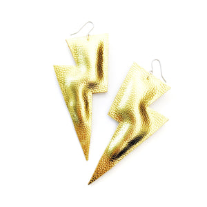 Gold Metallic Leatherette - Super Disco Bolt Oversized Lightning Bolt Earrings