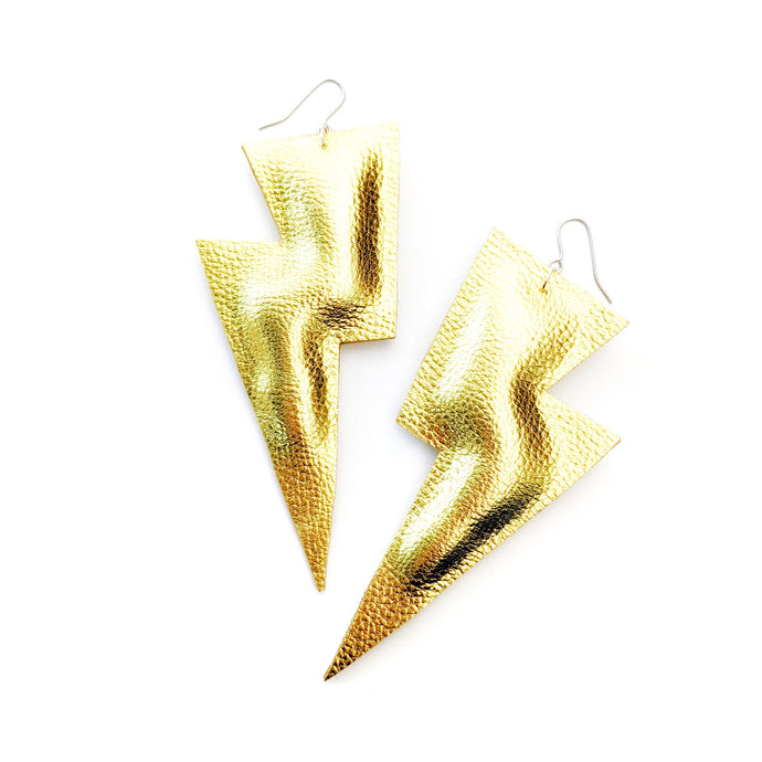 Gold Metallic Leatherette - Super Disco Bolt Oversized Lightning Bolt Earrings