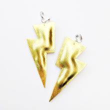 Load image into Gallery viewer, Gold Metallic Leatherette - Super Disco Bolt Oversized Lightning Bolt Earrings
