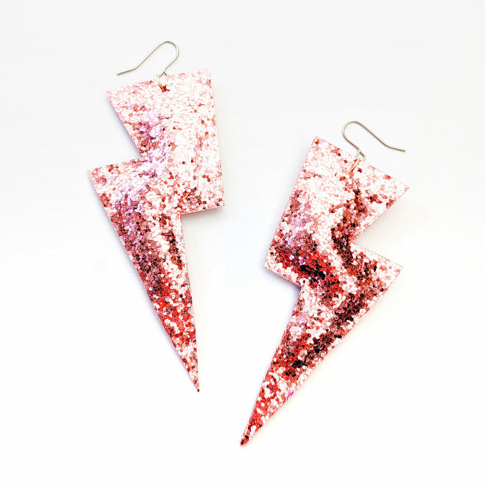 Rose Gold Glitter - Super Disco Bolt Oversized Lightning Bolt Earrings