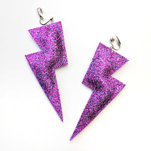 Fine Purple Glitter - Super Disco Bolt Oversized Lightning Bolt Earrings